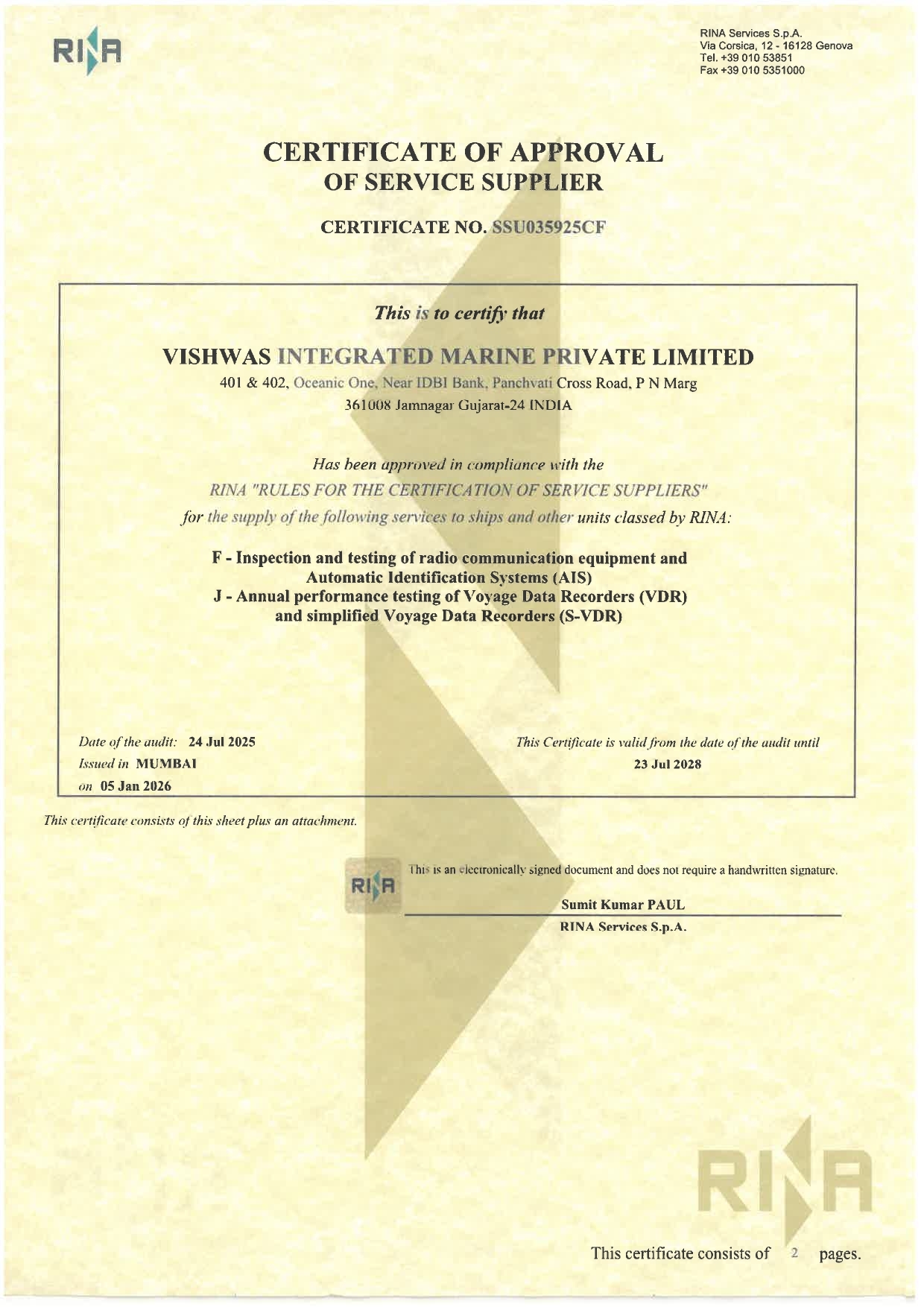 certificate – Vishwas Integrated Marine